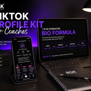 Può includere: Un kit di marketing digitale per coach con uno smartphone su supporto e un tablet che mostra una formula per la bio di TikTok. Lo schermo include testo come TIKTOK PROFILE KIT for Coaches, THE 80-CHARACTER BIO FORMULA e I HELP + ACHIEVE + WITHOUT + CTA.