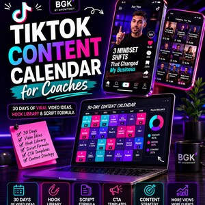 Può includere: Un prodotto di marketing digitale intitolato TikTok Content Calendar for Coaches che include un portatile con un calendario di 30 giorni, un foglietto adesivo rosa con una lista di controllo e due smartphone con interfacce social media.
