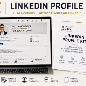 Può includere: Un laptop mostra un profilo LinkedIn con il testo "Aiuto i consulenti a costruire sistemi. Ottieni clienti. Cresci." Accanto al laptop c'è un "LinkedIn Profile Kit" stampato.