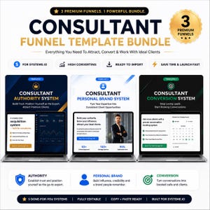 Puede incluir: Imagen promocional de un paquete de plantillas de embudo para consultores. La imagen presenta tres portátiles que muestran diferentes plantillas: Authority, Personal Brand y Conversion systems. El texto incluye "3 Premium Funnels" y "Built for Systeme.io."