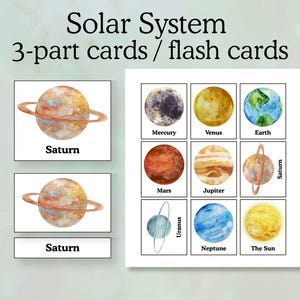 May include: Educational flash cards featuring watercolor illustrations of the solar system planets. The cards include the sun, Mercury, Venus, Earth, Mars, Jupiter, Saturn, Uranus, and Neptune. The text "Solar System 3-part cards / flash cards" is at the top.
