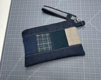 Denim Clutch, patchwork mini bag, removable wristlet strap