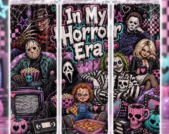 May include: A cylindrical tumbler featuring a wrap-around graphic of various horror movie characters, including Freddy Krueger, Jason Voorhees, Ghostface, Chucky, Michael Myers, and Beetlejuice, with the text In My Horror Era in a dripping font.