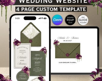 Modello di sito web per matrimonio floreale verde oliva e bordeaux: design Canva modificabile (download digitale)