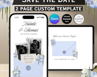 Invito "Save the Date" con tema floreale blu polvere e bianco: Sito web: Invito digitale Canva (Download digitale)