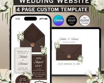Modello di sito web per matrimoni con fiori bianchi e marroni: design Canva modificabile (download digitale)