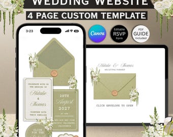 Modello di sito web per matrimonio con motivi floreali verde salvia e bianco: design Canva modificabile (download digitale)