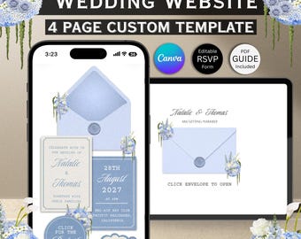 Modello di sito web per matrimonio con fiori blu polvere: design Canva modificabile (download digitale)
