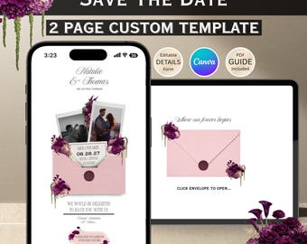 Sito web con invito floreale rosa, verde e bordeaux: invito digitale Canva (download digitale)