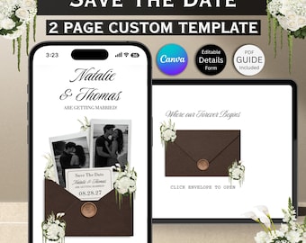 Sito web con invito floreale marrone e bianco "Save The Date": invito digitale Canva (download digitale)