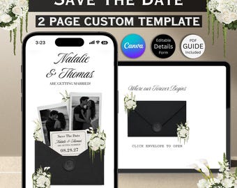 Sito web con invito floreale in bianco e nero: invito digitale Canva (download digitale)
