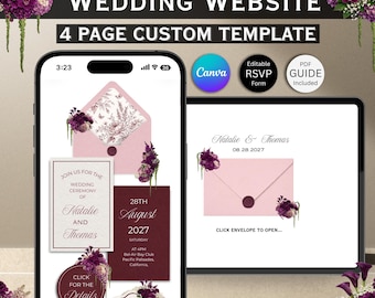 Modello di sito web per matrimoni con fiori rosa, verdi e bordeaux: design Canva modificabile (download digitale)