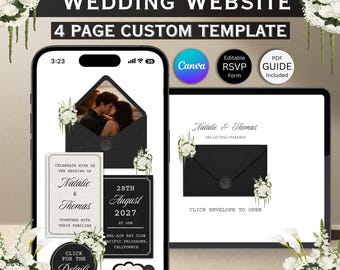 Modello di sito web per matrimonio floreale in bianco e nero: design Canva modificabile (download digitale)