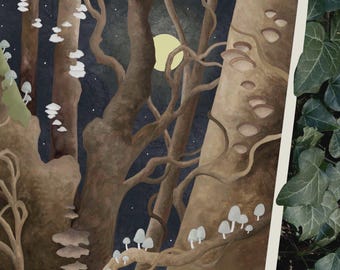 Enchanted Woods Fine Art Print: Witchy Full Moon Forest Painting on Archival Paper