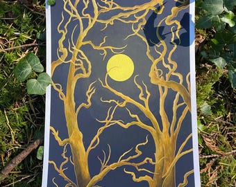 Lunar Forest Fine Art Print: Magical Witchy Full Moon Painting on Archival Paper