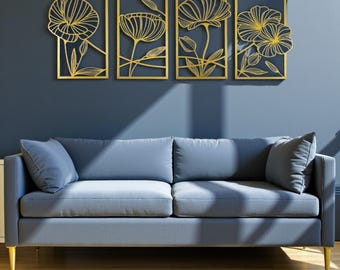 Metall-Wanddekoration Blätter & Blumen – Gold, 3D-Effekt, Ca. 51,5x21 Cm, Für Wohnzimmer & Flur
