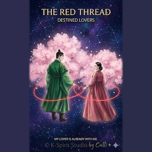 Puede incluir: Ilustración de dos figuras con vestimenta tradicional coreana, unidas por un hilo rojo, sobre un fondo de cielo estrellado y flores de cerezo. El texto dice "THE RED THREAD, DESTINED LOVERS" y "MY LOVER IS ALREADY WITH ME."