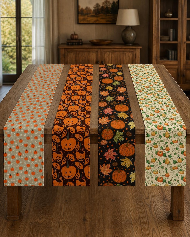Fall Table Runner, Pumpkin and Autumn Leaf Decor for Halloween and ...