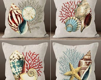Nautical Sea Shell Pillow Cover, Coastal Throw Cushion