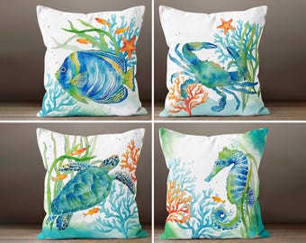 Nautical Beach House Pillow Cover, Sea Turtle Pillow Cover, Starfish Pillowcase,  Sea Shell Throw Pillow, Coastal Decor, Housewarming Gift