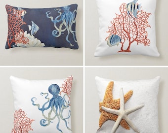 Beach House Pillow Case, Coastal Cushion Cover, Navy Marine Pillow Cover, Coral Throw Pillow, Octopus  Pillow Cover, Starfish Pillow Case