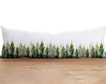 Pine Tree Forest Lumbar Pillow Cover, Green Bedroom Decor