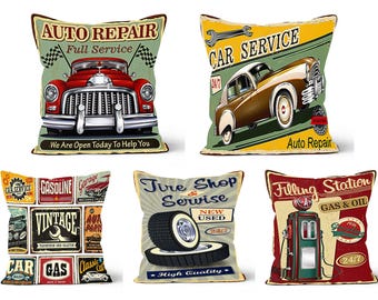 Vintage Car Throw Pillow Cover, Auto Repair Garage Decor