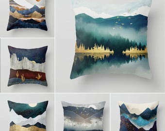 Mountain Pillow Cover, Moon and Lake Pillow Cover, Abstract Landscape Pillow Case, Mountain Throw Pillow, Cabin Pillow, Lodge Gifts