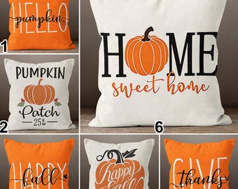 Housse de coussin décorative automnale Hello Pumpkin, style ferme, coussin « Merci »