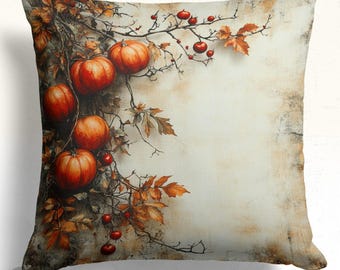 May include: Square decorative pillow featuring a fall-themed design. The pillow displays orange pumpkins, red berries, and autumn leaves against a neutral background. The artwork has a vintage, painterly style, perfect for seasonal home decor.