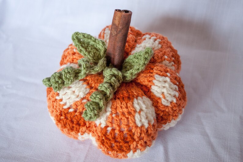 Buffalo Plaid Crochet Pumpkin, orange and white fall decor, Rustic fall pumpkin, Farmhouse pumpkin, crochet rustic pumpkin image 4
