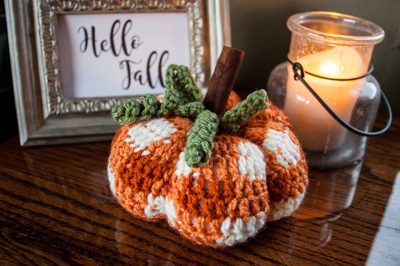 Buffalo Plaid Crochet Pumpkin, orange and white fall decor, Rustic fall pumpkin, Farmhouse pumpkin, crochet rustic pumpkin image 1