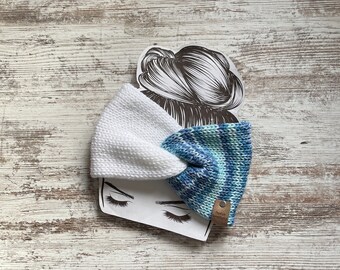 Blue stripe and White knit earwarmer, messy bun, Winter Ear warmer, gift for Mom, Best friend birthday present, Valentine, California