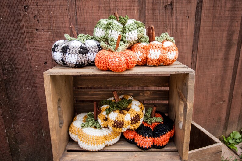 Buffalo Plaid Crochet Pumpkin, orange and white fall decor, Rustic fall pumpkin, Farmhouse pumpkin, crochet rustic pumpkin image 5