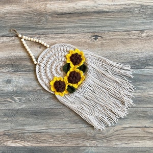 Sunflower Boho Wall Decor, Nursery Decorations, Floral wall hanging, Unique present for best friend, Baby shower gift, Crochet wall tapestry image 1
