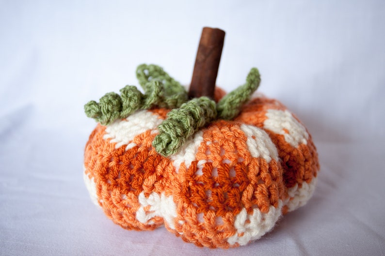 Buffalo Plaid Crochet Pumpkin, orange and white fall decor, Rustic fall pumpkin, Farmhouse pumpkin, crochet rustic pumpkin image 6