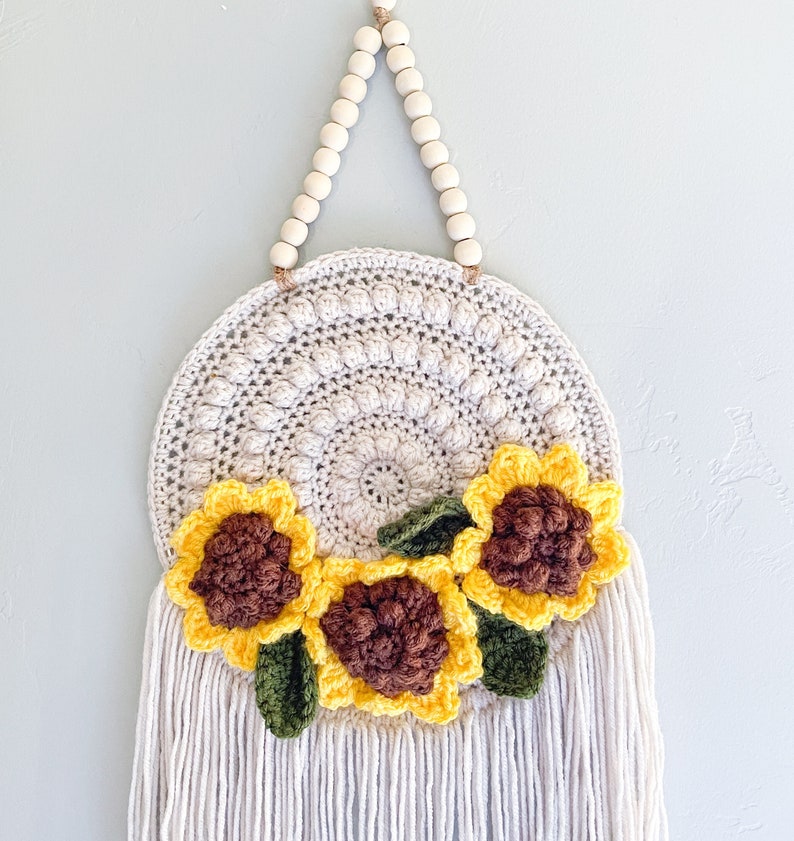 Sunflower Boho Wall Decor, Nursery Decorations, Floral wall hanging, Unique present for best friend, Baby shower gift, Crochet wall tapestry image 4