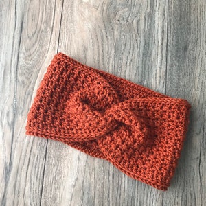 Orange handmade crochet ear warmer, Pumpkin spice fall headband, Harvest orange twisted head wrap, Fall Messy Bun Hat, birthday present image 2