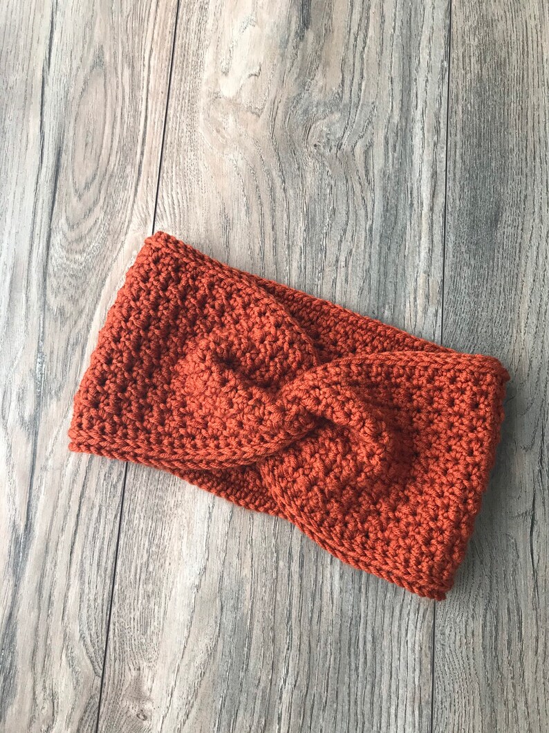 Orange handmade crochet ear warmer, Pumpkin spice fall headband, Harvest orange twisted head wrap, Fall Messy Bun Hat, birthday present image 2