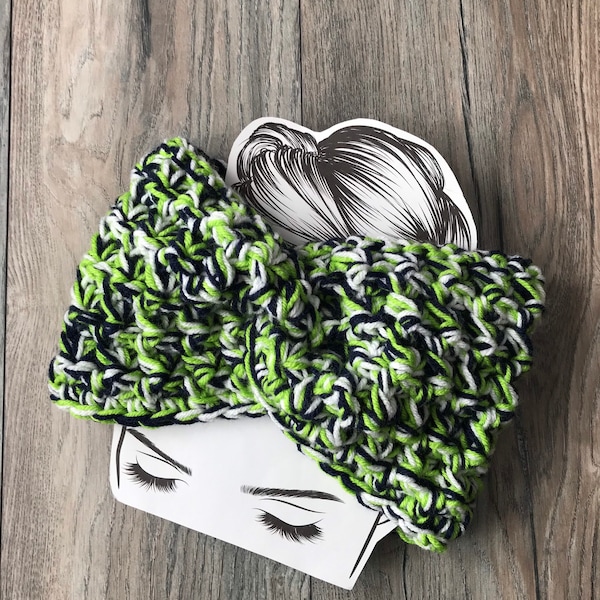 Seattle Seahawks earwarmer, messy bun hat, Navy Lime Green and Grey, Football Fan Gift, Birthday gift, Best friend present