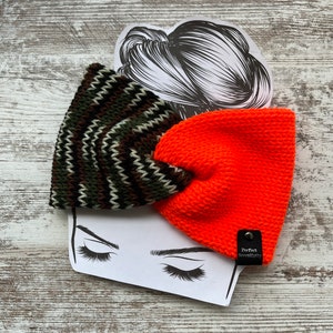 Camouflage and blaze orange twisted knit headband, knit earwarmer, winter headwear, womens winter hats image 2