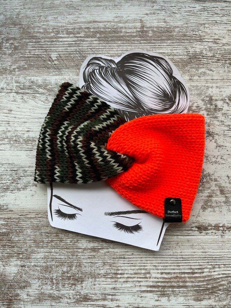 Camouflage and blaze orange twisted knit headband, knit earwarmer, winter headwear, womens winter hats image 2