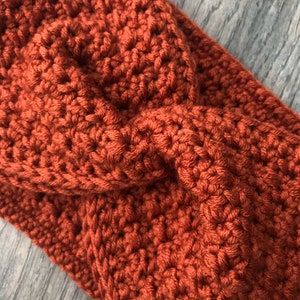 Orange handmade crochet ear warmer, Pumpkin spice fall headband, Harvest orange twisted head wrap, Fall Messy Bun Hat, birthday present image 4