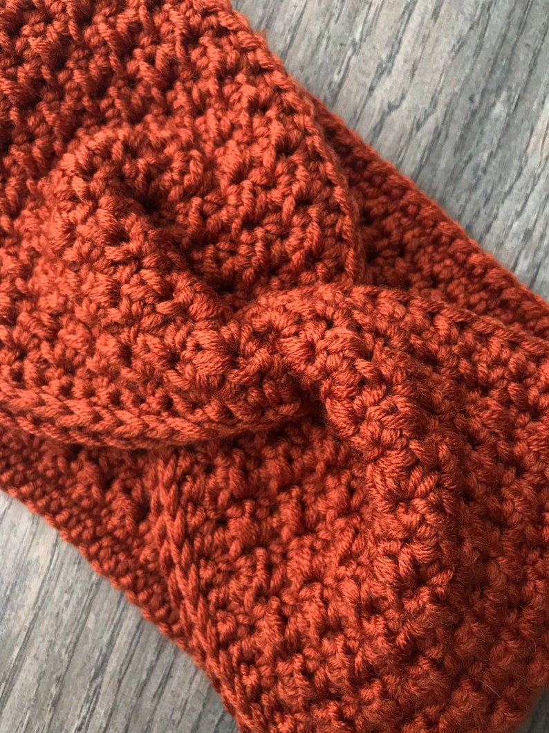 Orange handmade crochet ear warmer, Pumpkin spice fall headband, Harvest orange twisted head wrap, Fall Messy Bun Hat, birthday present image 4