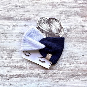 White with silver sparkle and Navy Blue Knit twist headband, winter headband, womens earwarmer