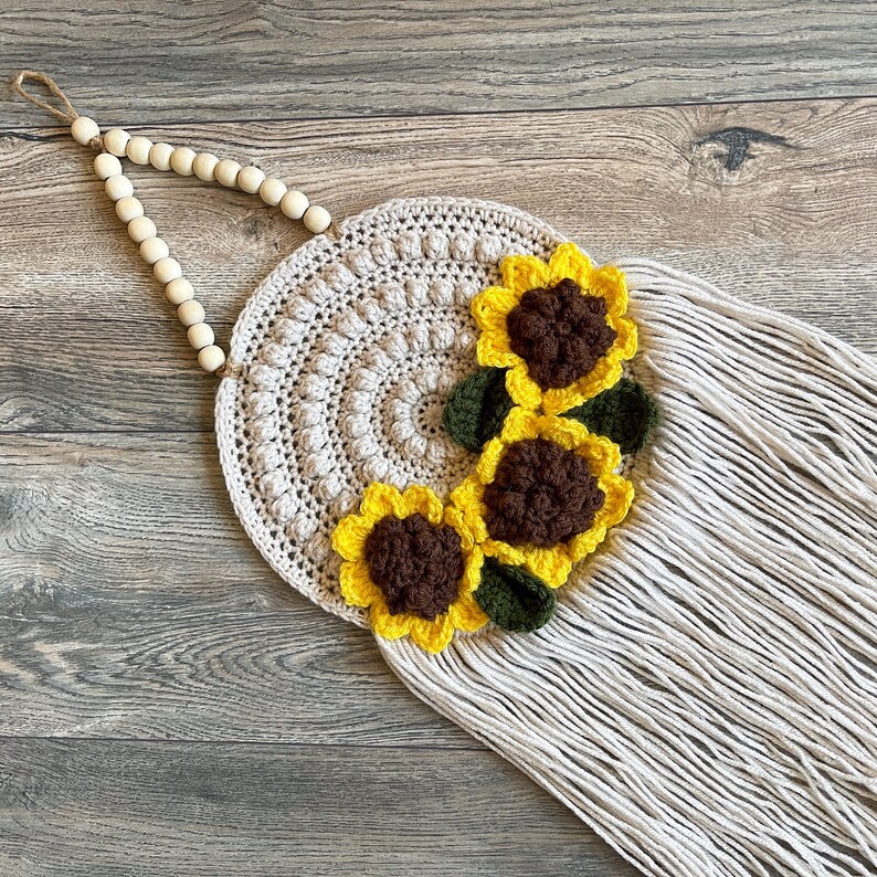 Sunflower Boho Wall Decor, Nursery Decorations, Floral wall hanging, Unique present for best friend, Baby shower gift, Crochet wall tapestry image 3