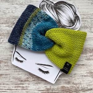 Knit twist headband, winter headband, womens earwarmer, blue and lime green