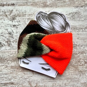 Camouflage and blaze orange twisted knit headband, knit earwarmer, winter headwear, womens winter hats image 1