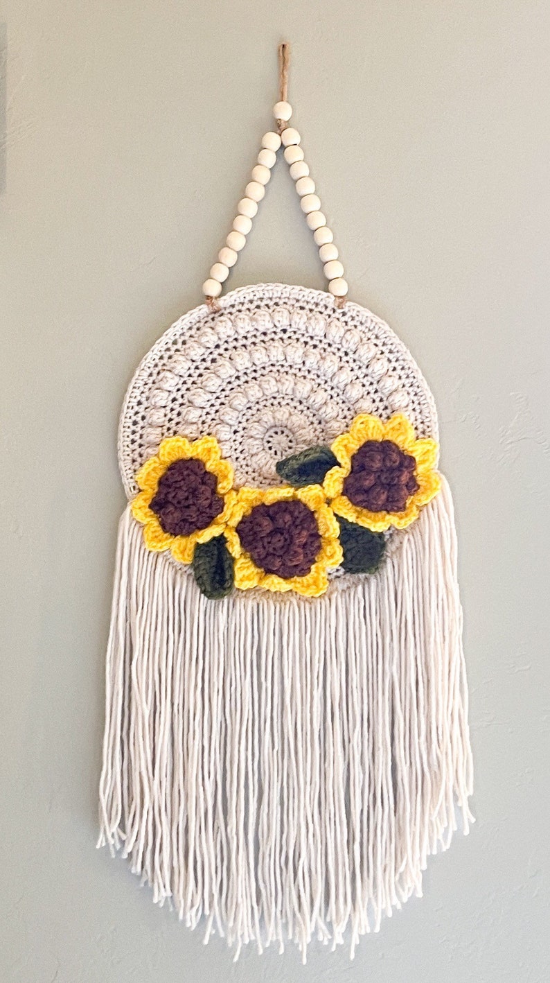 Sunflower Boho Wall Decor, Nursery Decorations, Floral wall hanging, Unique present for best friend, Baby shower gift, Crochet wall tapestry image 2