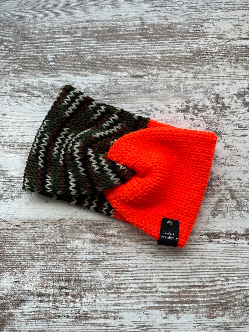 Camouflage and blaze orange twisted knit headband, knit earwarmer, winter headwear, womens winter hats image 4